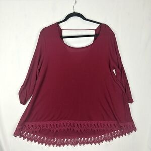 Maurices Boho Tunic Women 1 Crochet Trim Ribbed Knit Hi Low Hem Burgundy